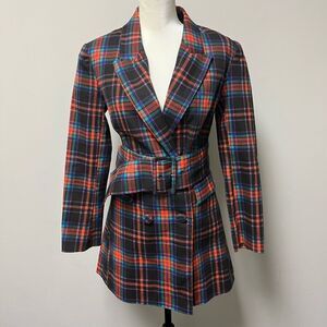 Signatures plaid academic 
long sleeve trench coat with belt
